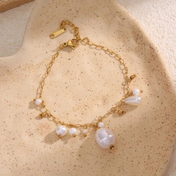 Bracelet Doré Breloques Perles Blanches Baroques - Acier inoxydable