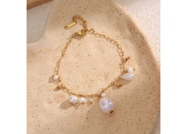 Bracelet Doré Breloques Perles Blanches Baroques - Acier inoxydable
