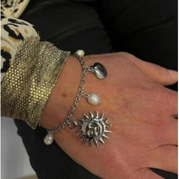 Bracelet Argenté Breloques Perles Soleil et perles- Acier inoxydable