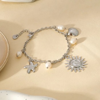 Bracelet Argenté Breloques Perles Soleil et perles- Acier inoxydable