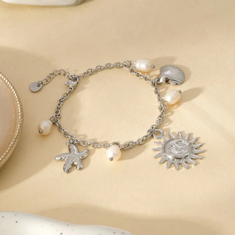 Bracelet Argenté Breloques Perles Soleil et perles- Acier inoxydable Bracelet Argenté Breloques Perles Soleil et perles- Acier inoxydable