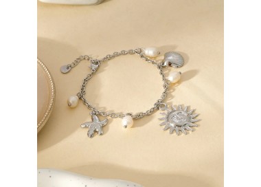 Bracelet Argenté Breloques Perles Soleil et perles- Acier inoxydable