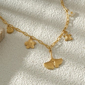 Collier Chaîne Doré Feuillage Et Océan - Acier inoxydable