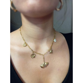 Collier Chaîne Doré Feuillage Et Océan - Acier inoxydable