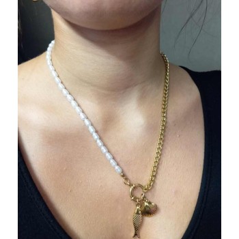 Collier Doré Perles Avec Pendentifs Poisson Et Coquillage - Acier inoxydable
