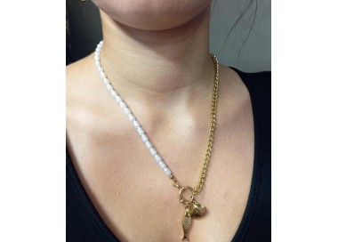Collier Doré Perles Avec Pendentifs Poisson Et Coquillage - Acier inoxydable