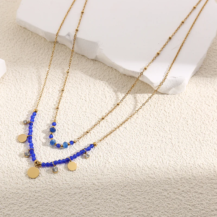 Collier Doré Double Chaînes Cristaux Et Strass - Acier Inoxydable Collier Doré Double Chaînes Cristaux Et Strass - Acier Inoxydable
