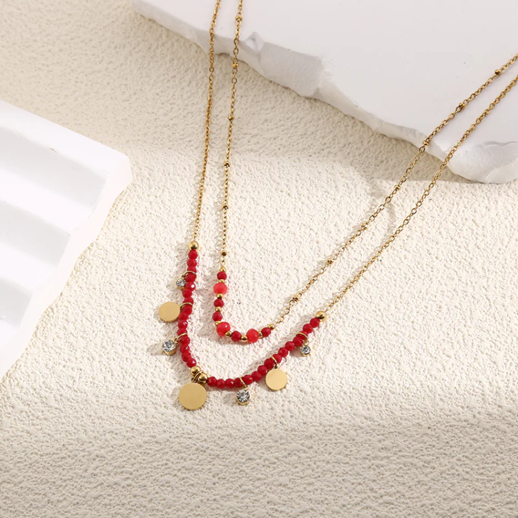 Collier Doré Double Chaînes Cristaux Et Strass - Acier Inoxydable Collier Doré Double Chaînes Cristaux Et Strass - Acier Inoxydable
