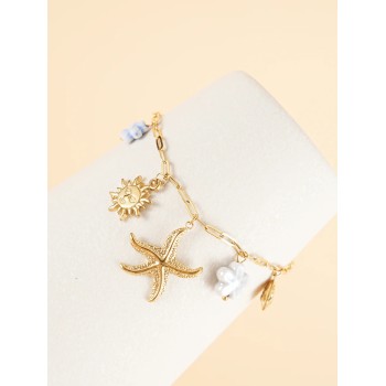 Bracelet chaîne dorée breloques de la mer et fleurs - Acier inoxydable