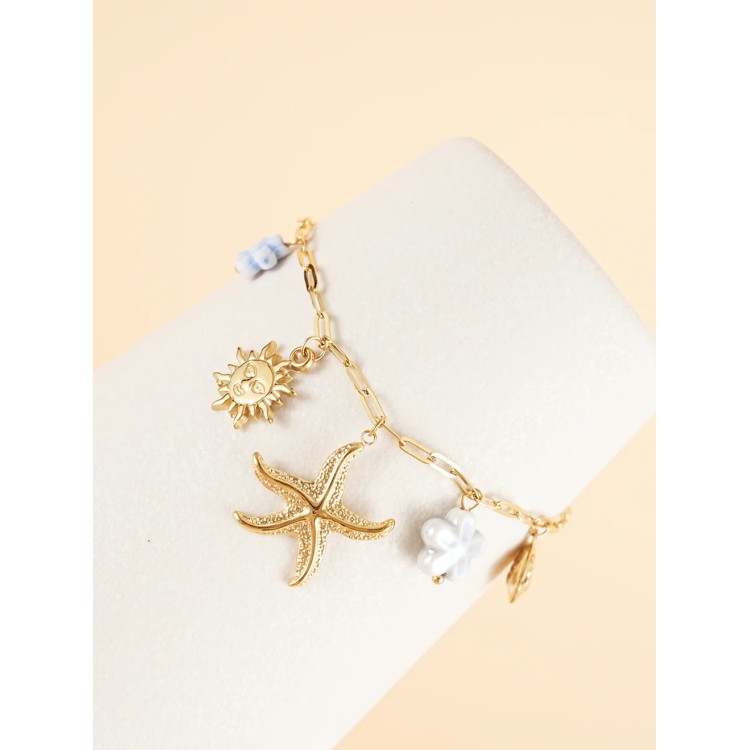Bracelet chaîne dorée breloques de la mer et fleurs - Acier inoxydable