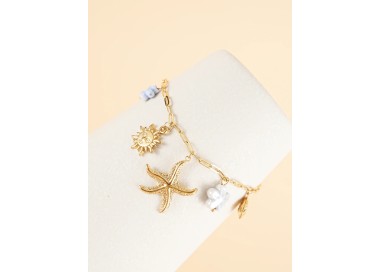 Bracelet chaîne dorée breloques de la mer et fleurs - Acier inoxydable
