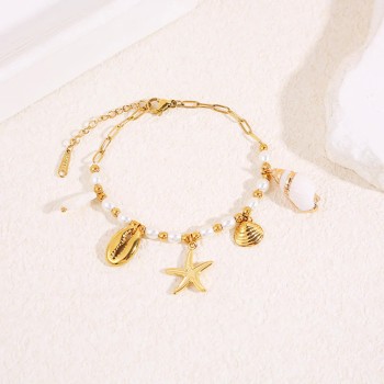 Bracelet perles breloques coquillage et étoile de mer - Acier inoxydable