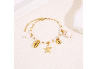 Bracelet perles breloques coquillage et étoile de mer - Acier inoxydable