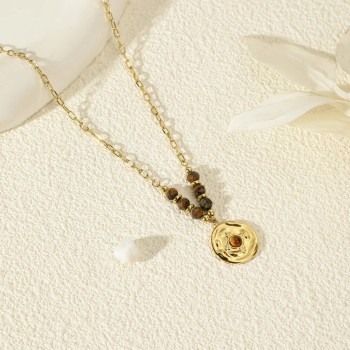 Collier Chaîne Doré Pierre Œil de Tigre Pampille Martelée - Acier inoxydable