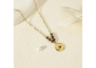 Collier Chaîne Doré Pierre Œil de Tigre Pampille Martelée - Acier inoxydable