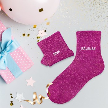 Chaussettes paillettes "Diva râleuse" - Fuchsia