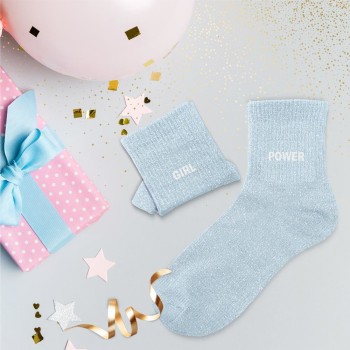 Chaussettes paillettes "Girl power" - Bleu Ciel