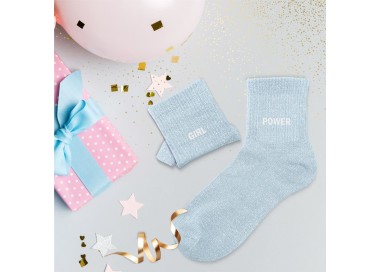 Chaussettes paillettes "Girl power" - Bleu Ciel