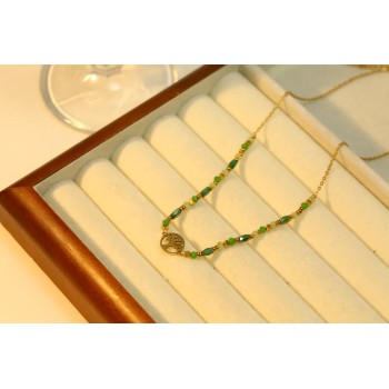 Collier doré avec pendentif arbre et pierre nature verte - Acier inoxydable