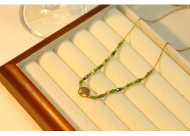 Collier doré avec pendentif arbre et pierre nature verte - Acier inoxydable