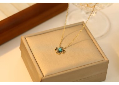Collier doré avec pendentif fleur et pierre nature bleue - Acier inoxydable