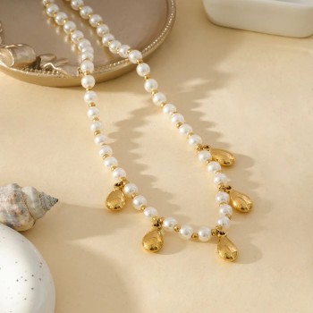 Collier Doré En Perles Blanches Avec Pendentifs Gouttes - Acier inoxydable