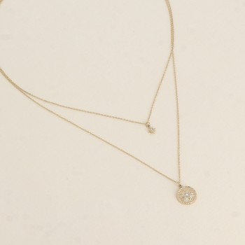 Collier - 2 rangs, pendentifs étoile du Nord avec oxydes de zirconium et médaillon avec étoile martelée