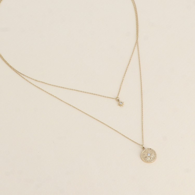 Collier - 2 rangs, pendentifs étoile du Nord avec oxydes de zirconium et médaillon avec étoile martelée