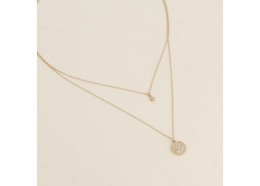 Collier - 2 rangs, pendentifs étoile du Nord avec oxydes de zirconium et médaillon avec étoile martelée