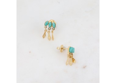 Boucles d'oreilles - 3 losanges en pierre naturelle et 3 breloques gravées