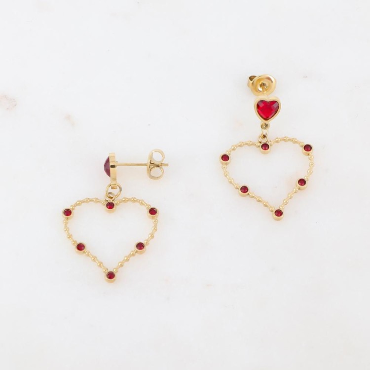 Boucles d'oreilles en forme de coeur embellies de strass rouges - Acier Ikita