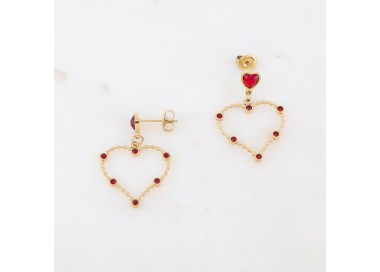 Boucles d'oreilles en forme de coeur embellies de strass rouges - Acier Ikita