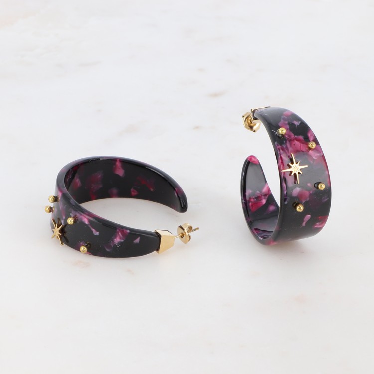 Boucles d'oreilles en acétate rose et noire - Acier Ikita